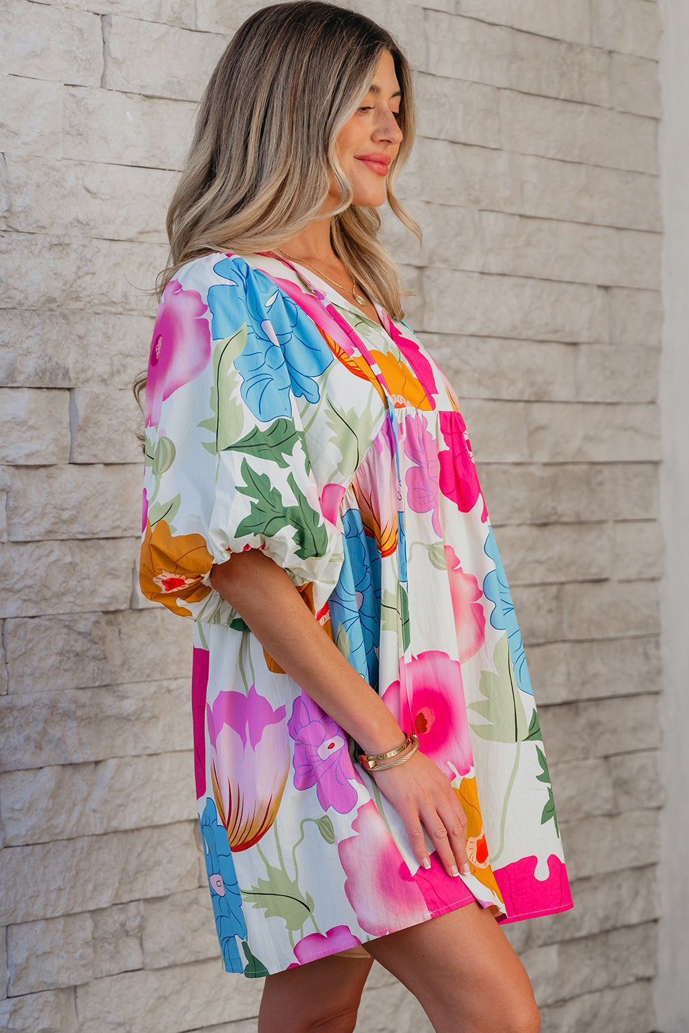 Iyla Floral Split Neck Babydoll Dress - Threaded Pear