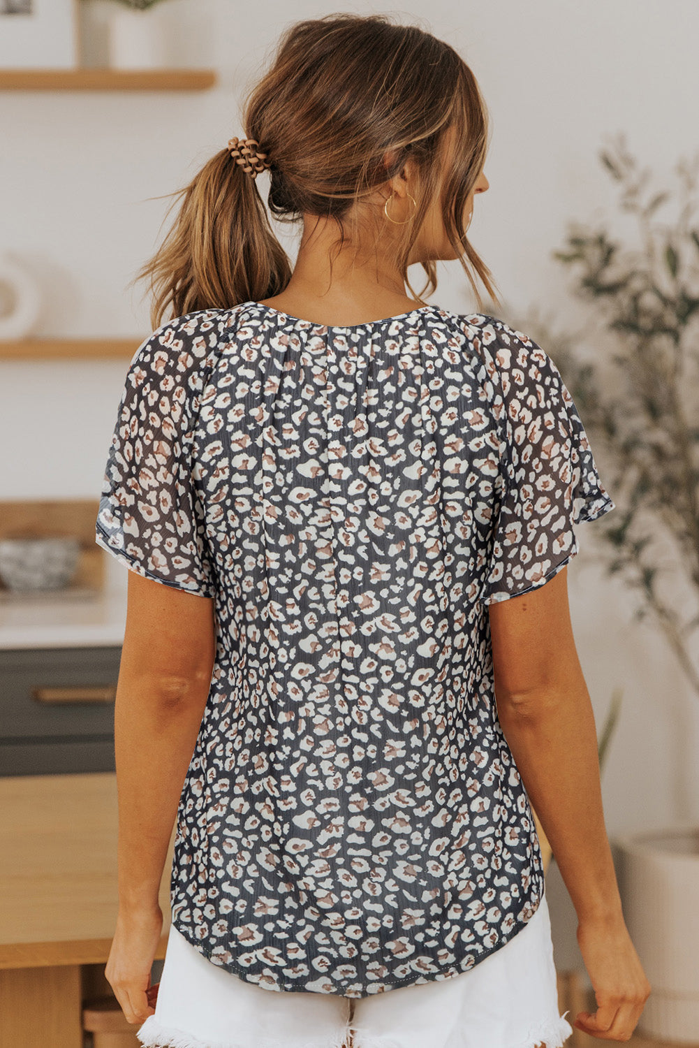 Ellie Flutter Sleeve V Neck Floral Blouse - Threaded Pear