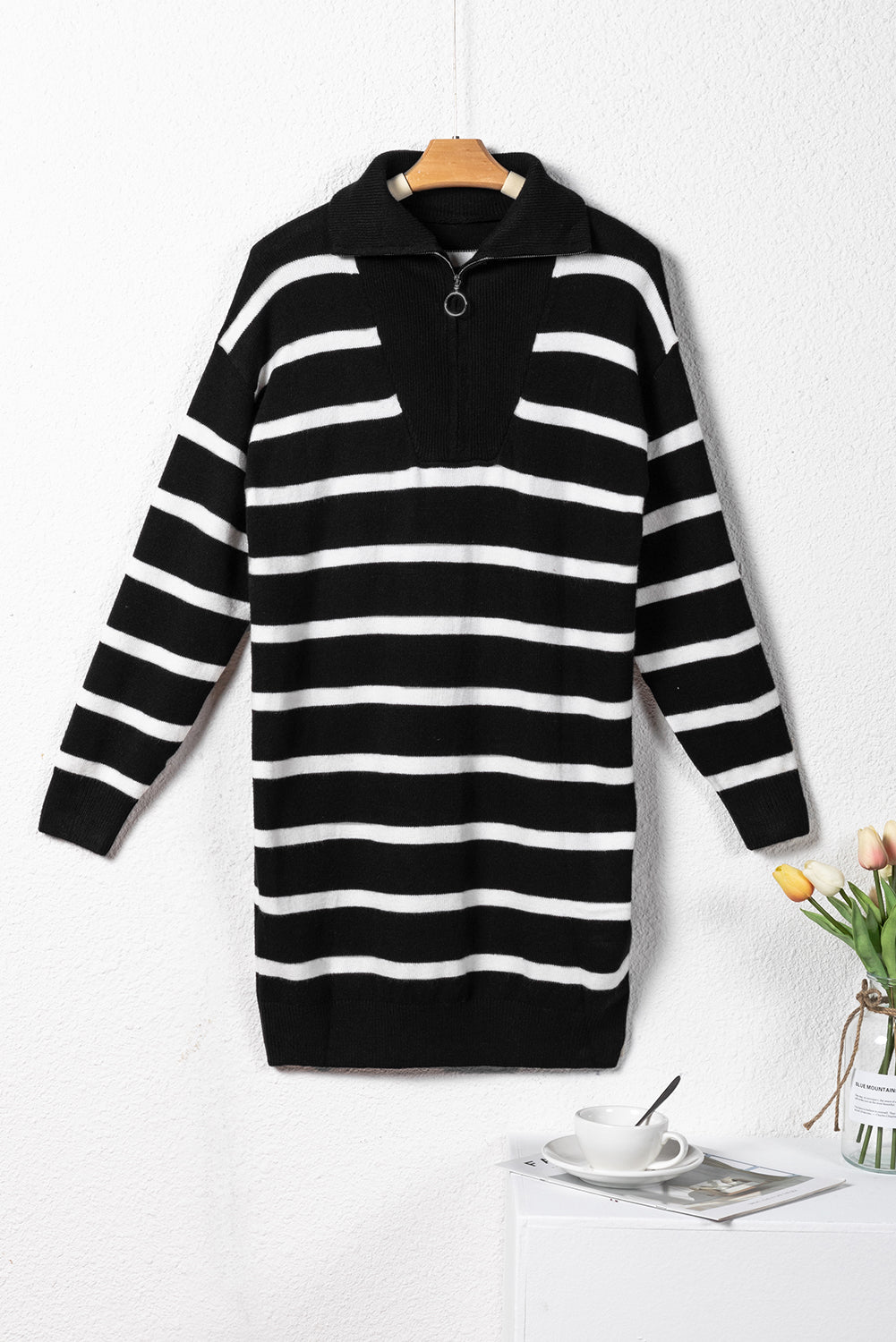 Iris Striped Zip Collared Loose Sweater Mini Dress - Threaded Pear