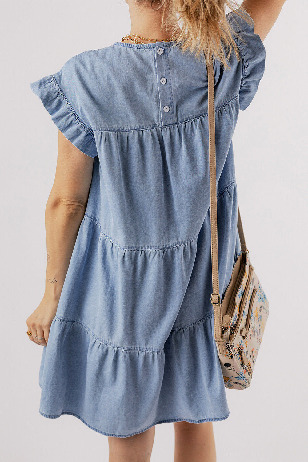 Zoey Ruffle Short Sleeve Tiered A-line Denim Dress - Threaded Pear