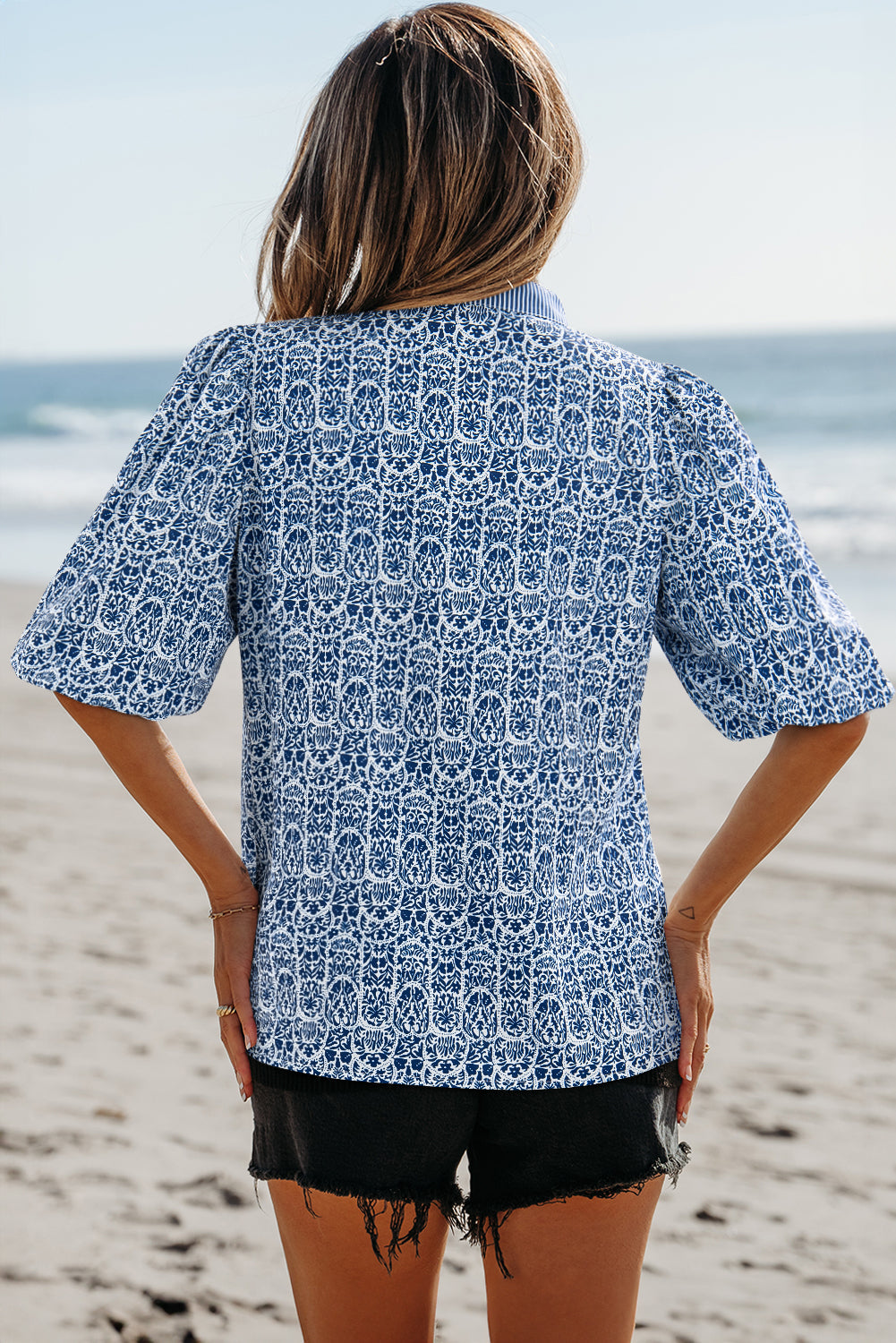 Alayah Floral Striped Ric-rac Puff Sleeve Top - Threaded Pear