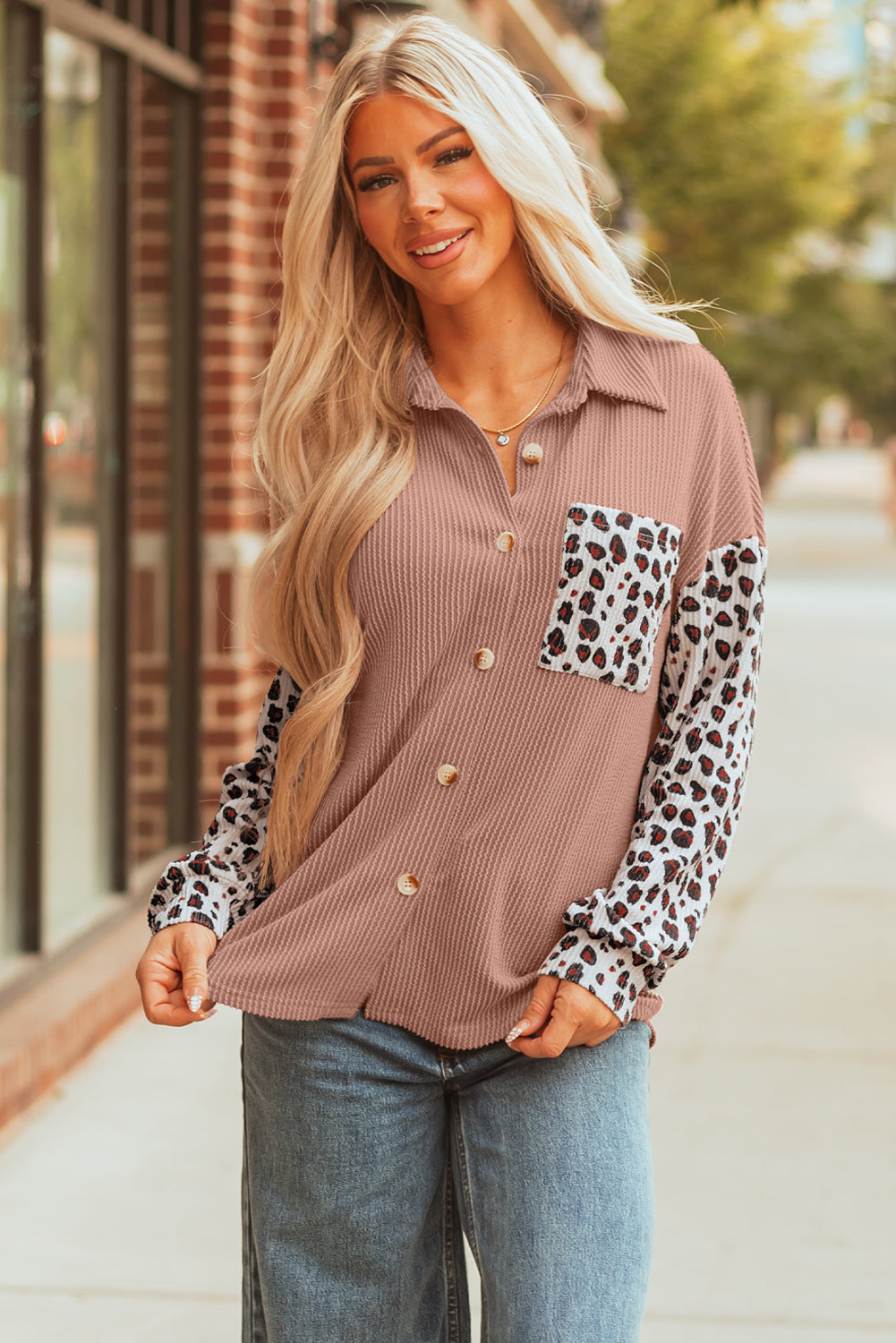 Journee Leopard Ribbed Casual Shacket - Threaded Pear