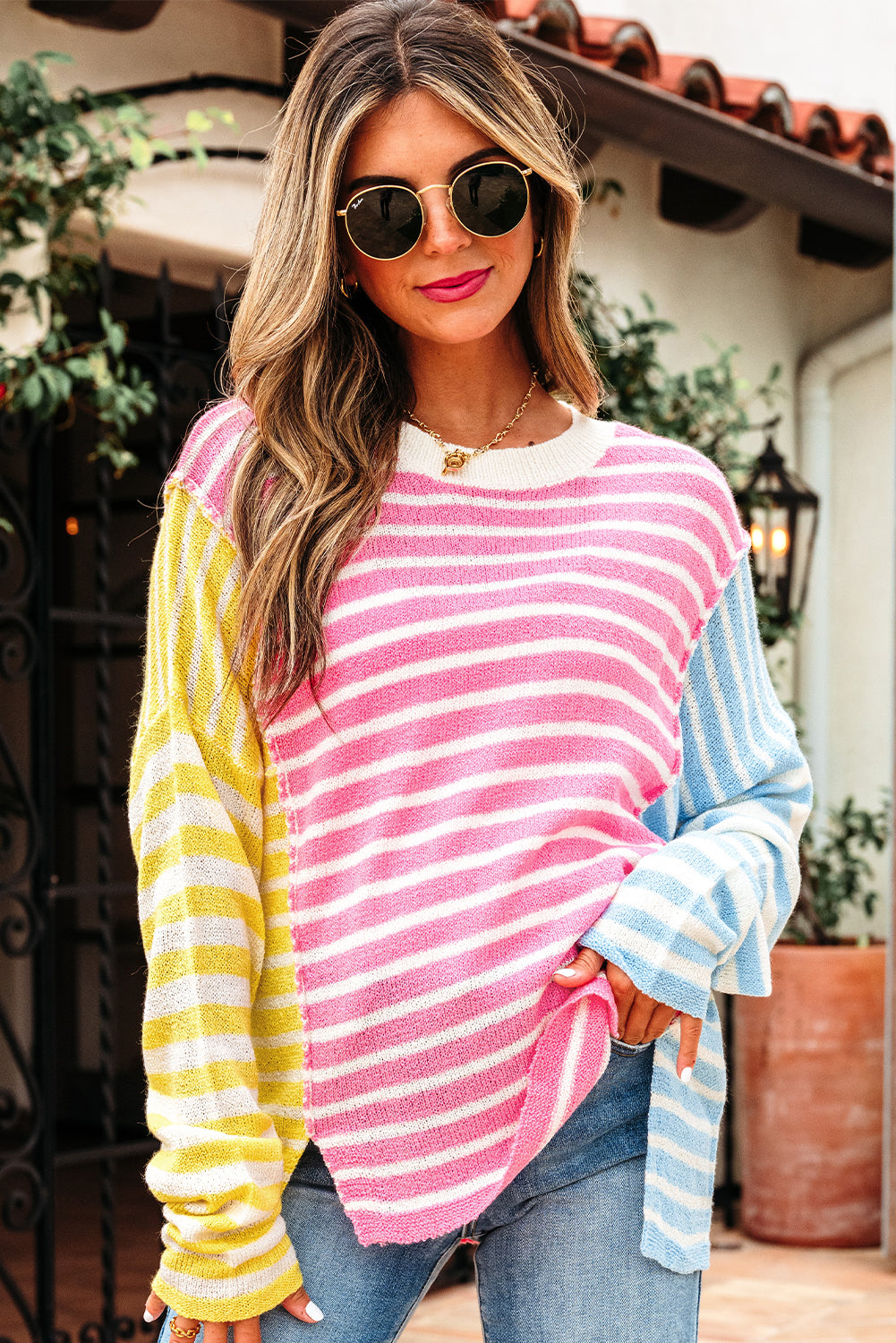 Esther Striped Patchwork Dolman Sleeve Slit Sweater - Threaded Pear
