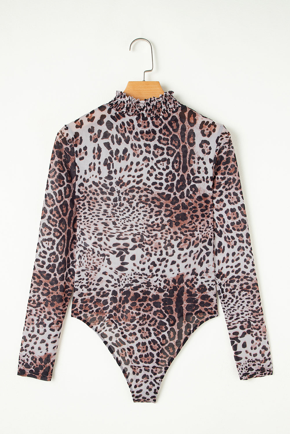 Leopard Smocked Neck Mesh Long Sleeve Bodysuit - Threaded Pear