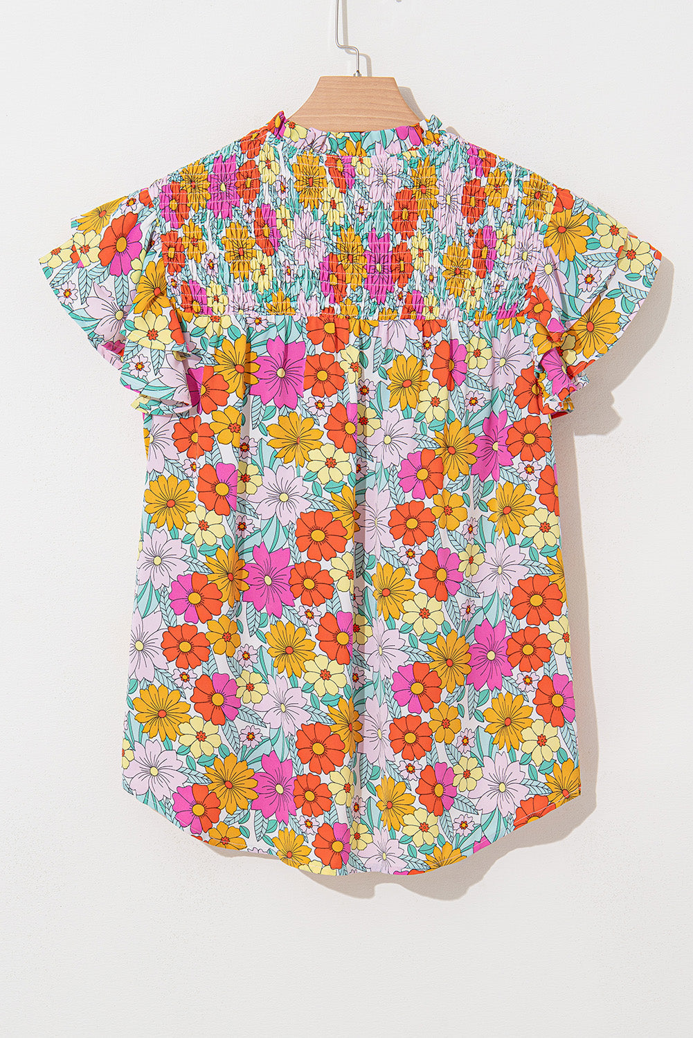 Leslie Floral Shirred Tiered Ruffled Sleeve Blouse - Threaded Pear