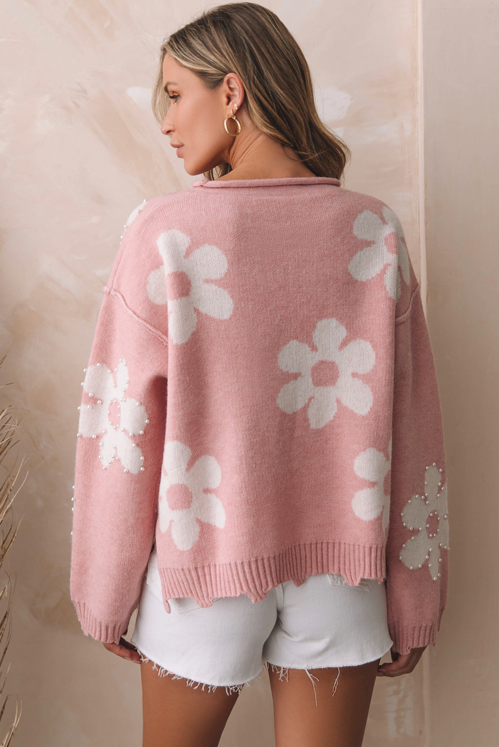 Jaycee Pearl Beaded Floral Drop Shoulder Sweater - Threaded Pear
