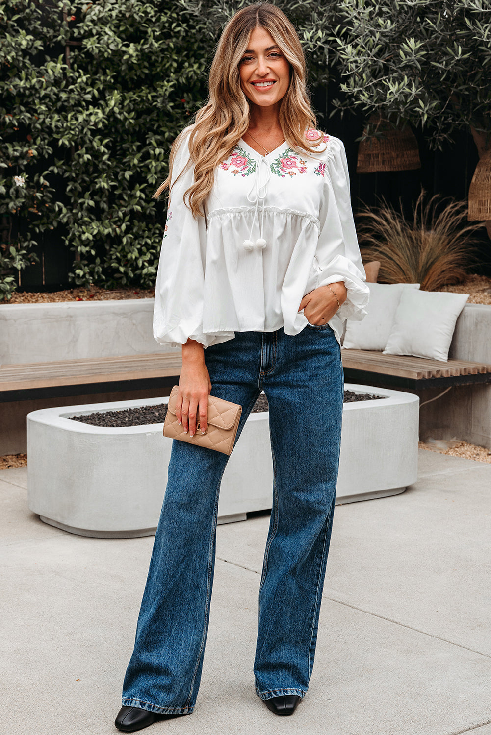 Skylar Flower Lace-up Babydoll Blouse - Threaded Pear