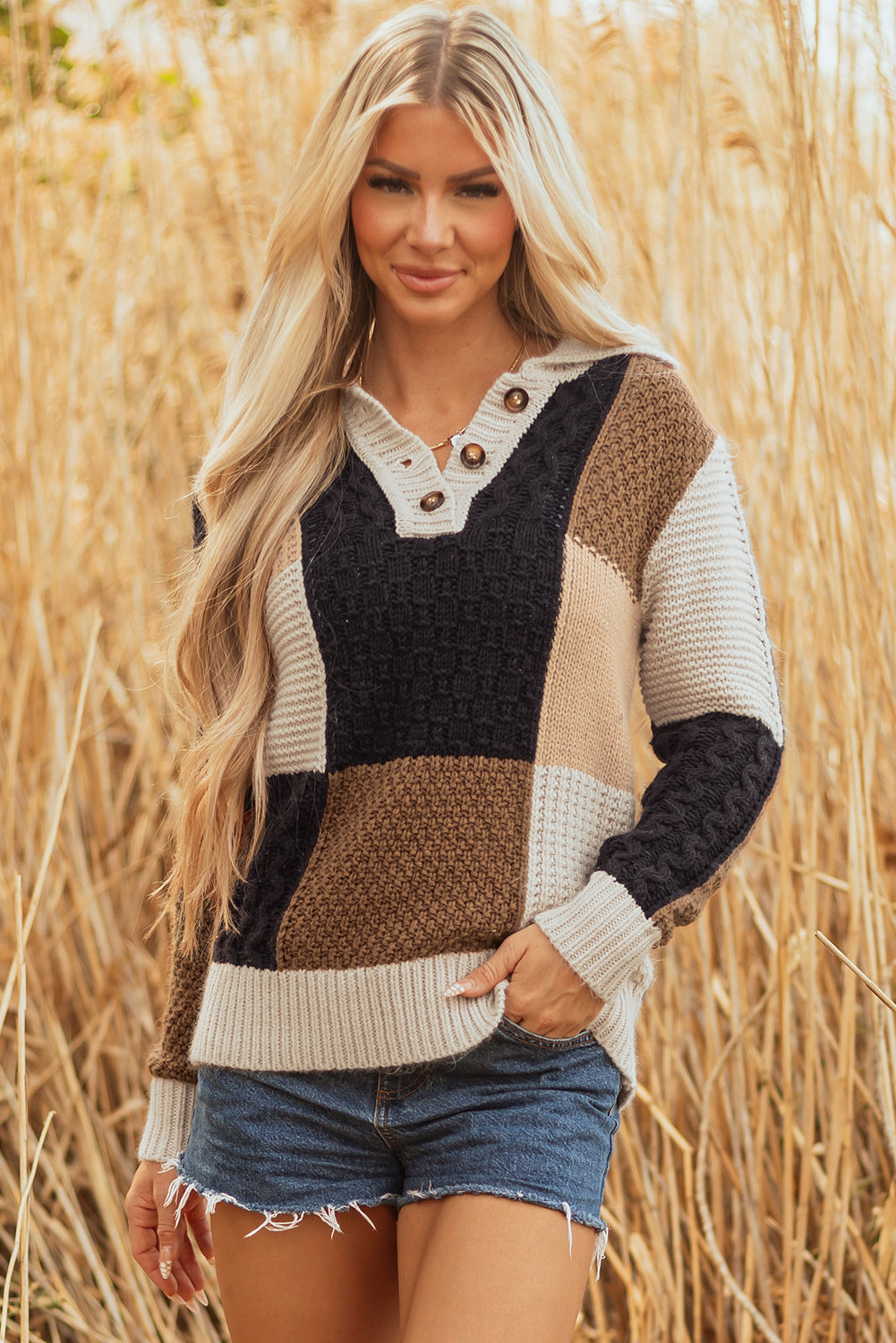 Paige Cable Knit Sleeve Buttons Collared Sweater - Threaded Pear