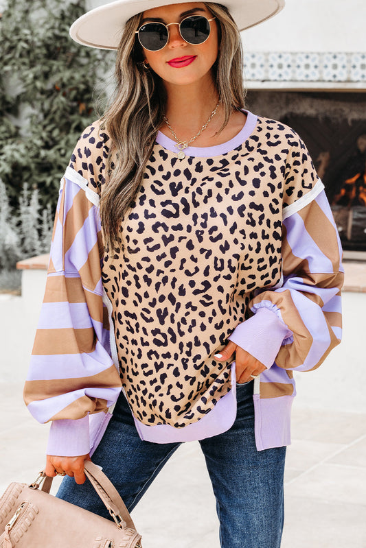 Olivia Stripe Leopard Casual Sweatshirt - Threaded Pear