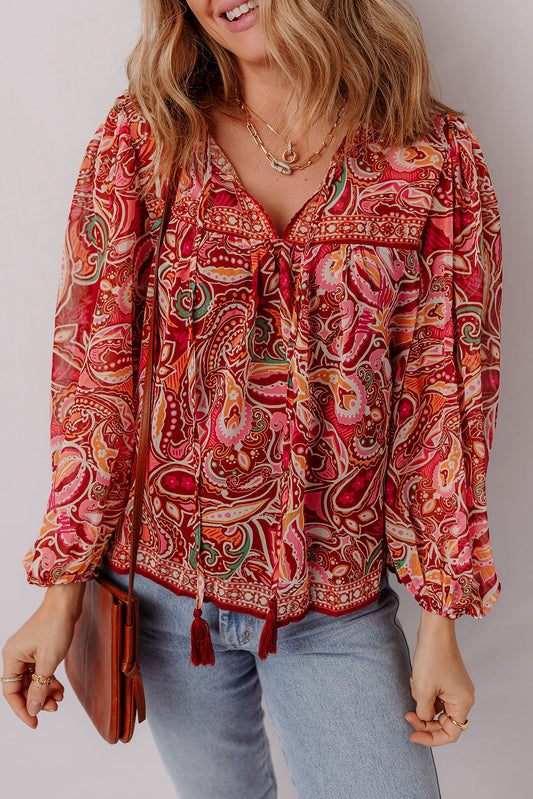 Quinn Paisley Tassel Tie Puff Sleeve Boho Blouse - Threaded Pear