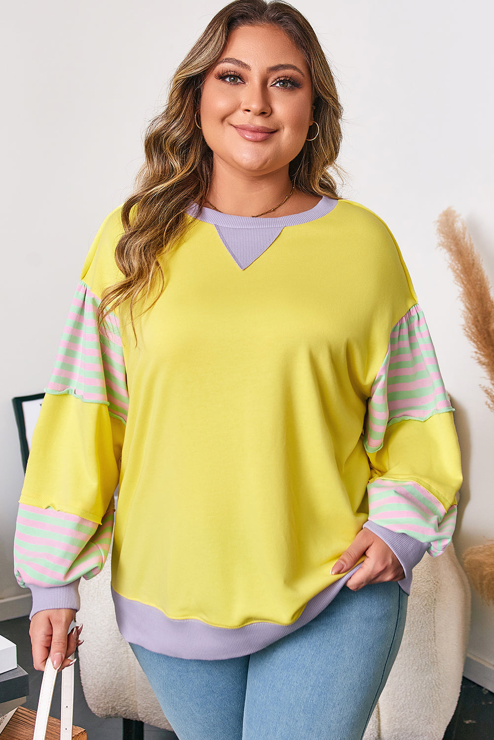 Yellow Striped Color Block Patchwork Crewneck Plus Size Pullover Sweatshirt - Threaded Pear