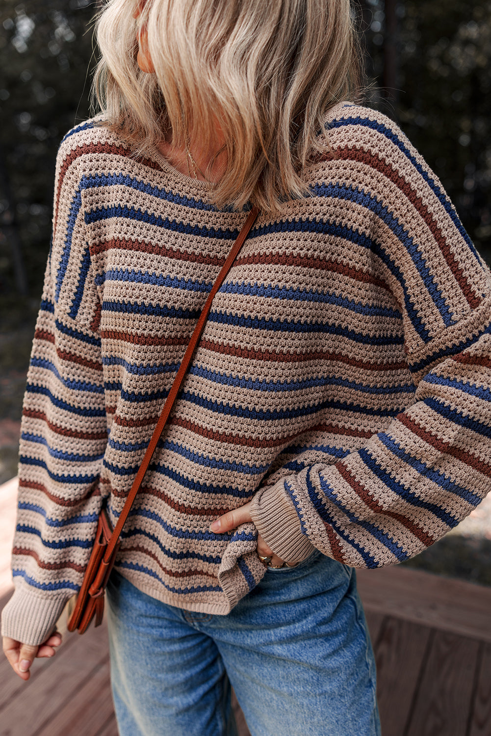Emery Striped Knitted Drop Shoulder Round Neck Sweater - Threaded Pear