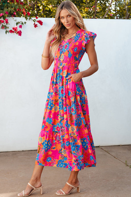 Kamari Boho Floral V Neck Ruffle Tiered Long Dress - Threaded Pear