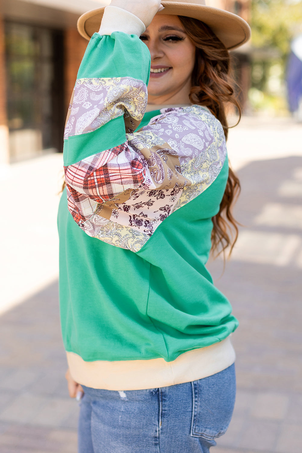 Sky Blue Plus Size Plaid Floral Patchwork Raglan Sleeve Sweatshirt - Threaded Pear