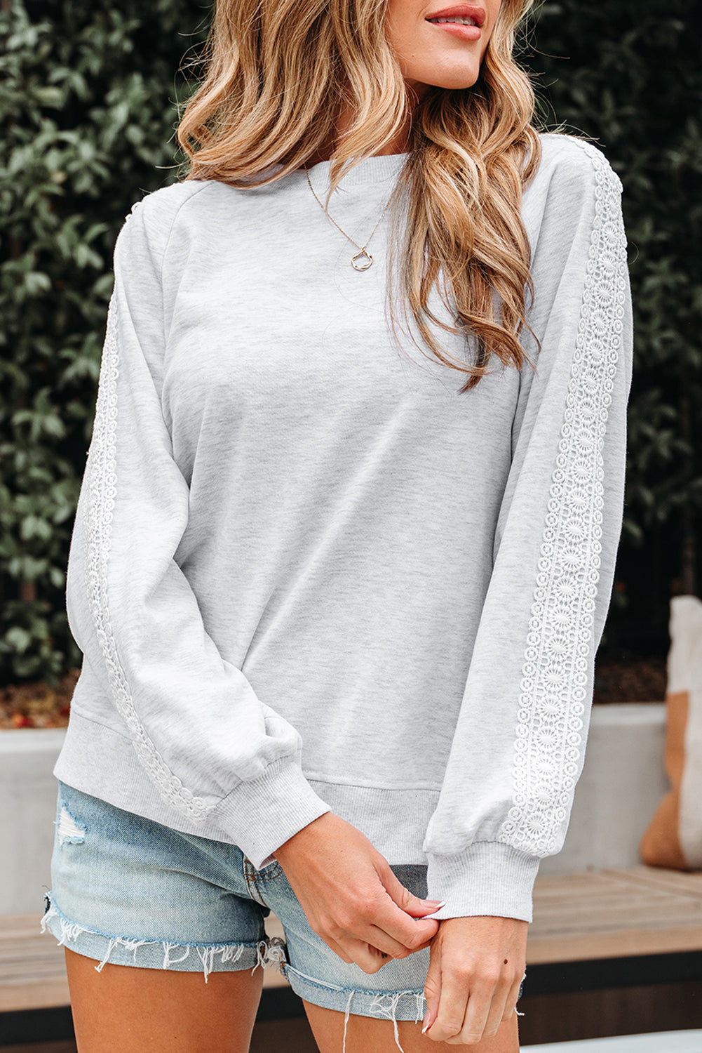 Peyton Lace Patchwork Raglan Sleeve Crew Neck Sweatshirt - Threaded Pear
