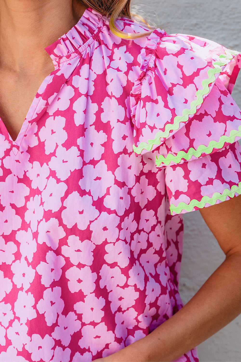 Capri Floral Ric Rac Ruffle Sleeve Blouse - Threaded Pear