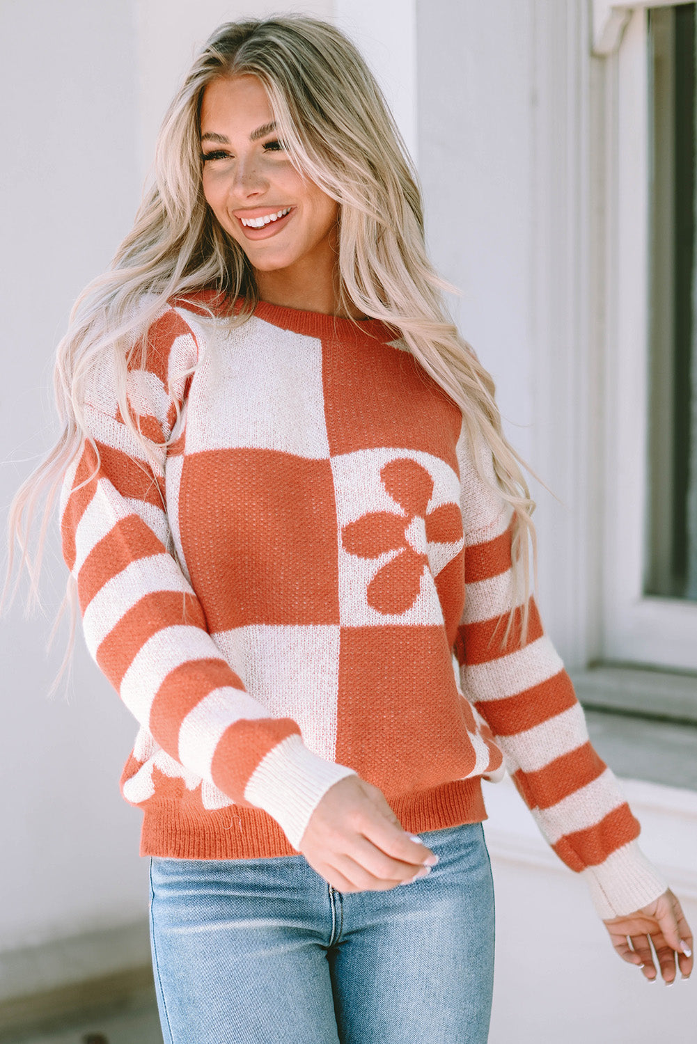 Miller Checkered Floral Striped Sleeve Sweater - Threaded Pear