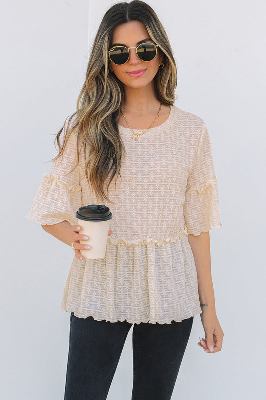 Textured Ruffled Short Sleeve Blouse - Threaded Pear