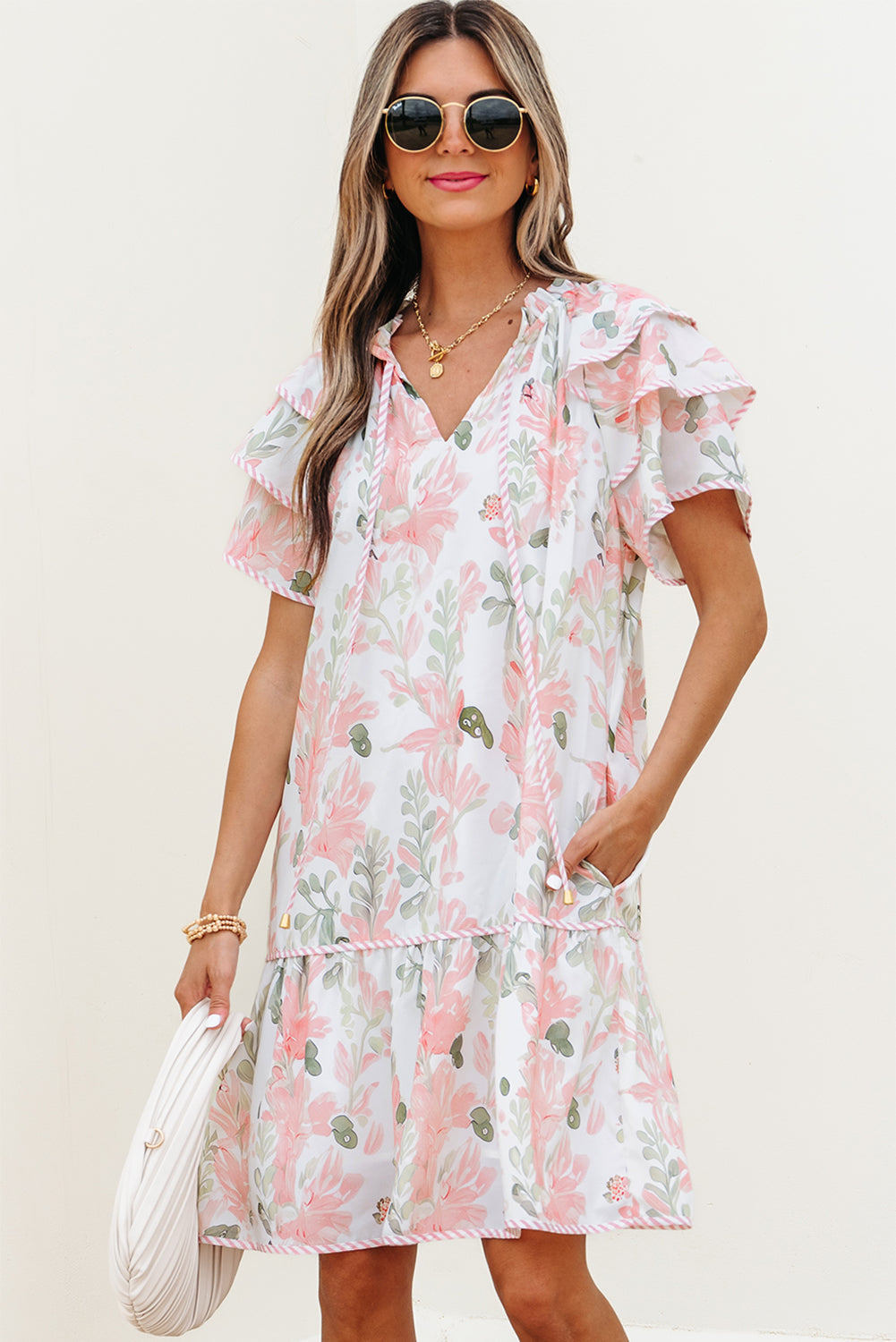 Madalyn Floral Contrast Edge Layered Short Sleeve Mini Dress - Threaded Pear