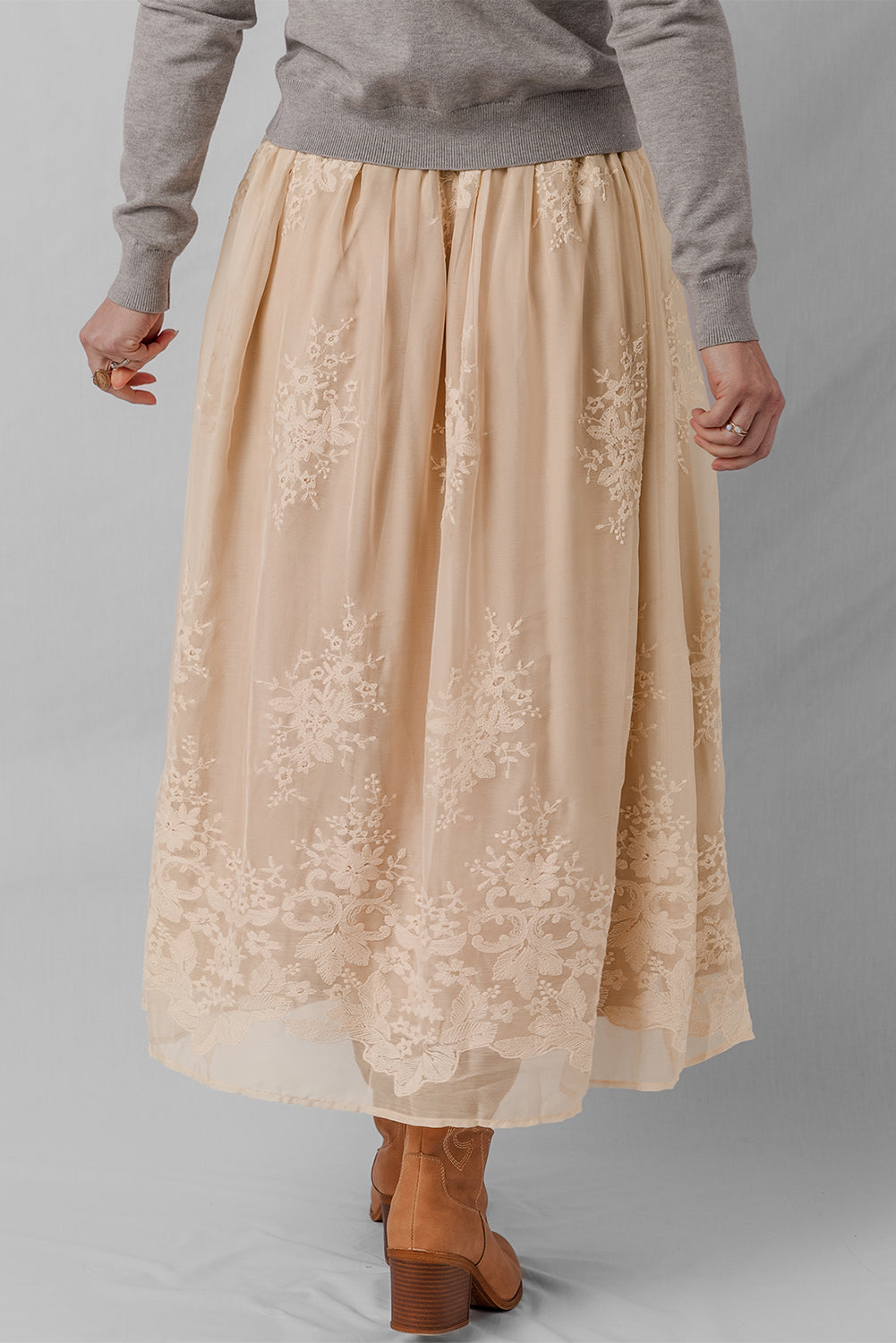 Vivienne Embroidered Mesh Overlay Long Skirt - Threaded Pear