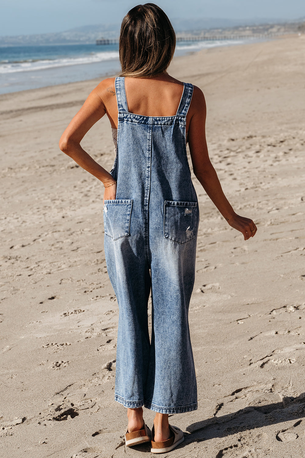 Baylor Distressed Bib Pocket Wide Leg Denim Overall - Threaded Pear