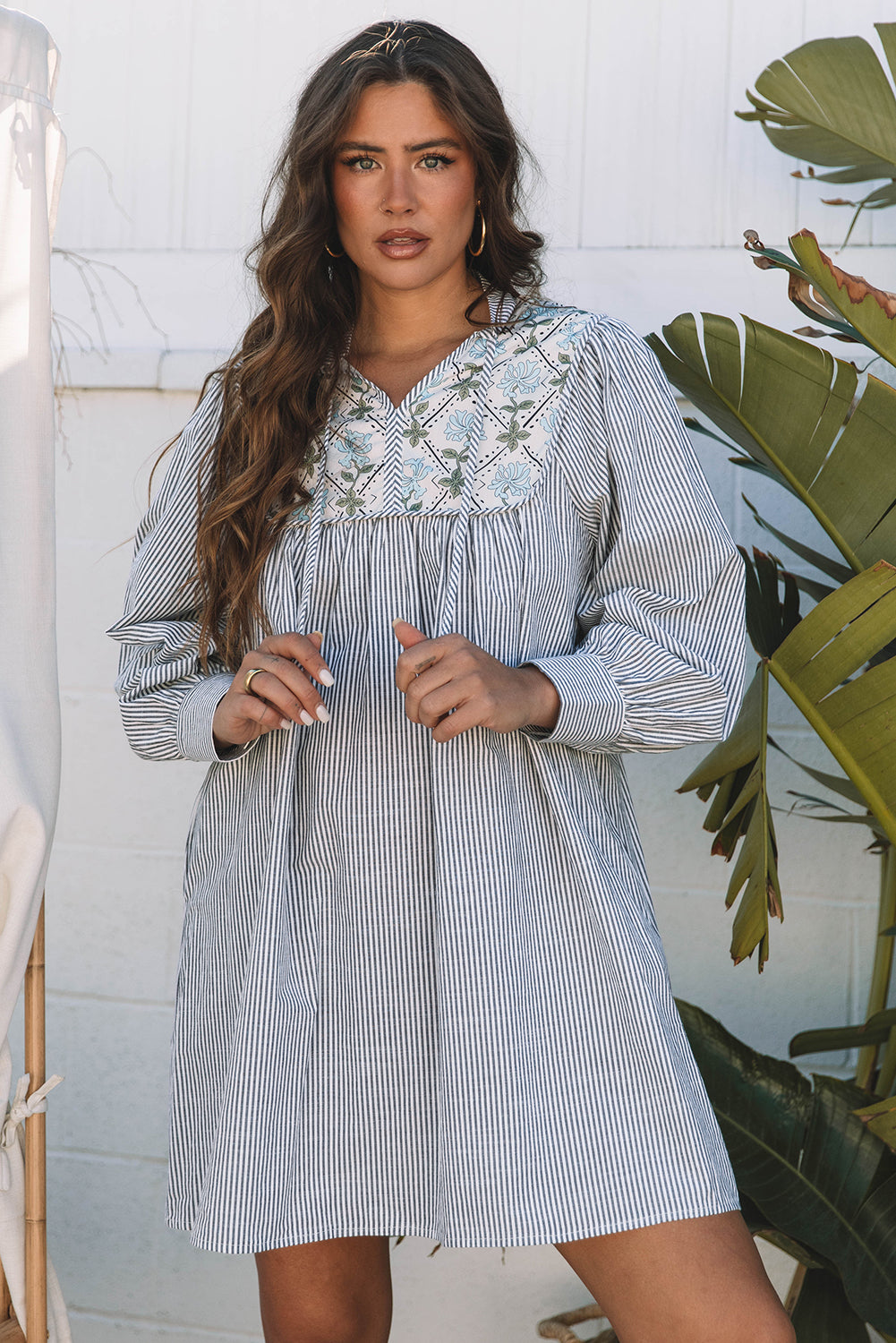 Aila Stripe Floral Patchwork Tied Mini Dress - Threaded Pear