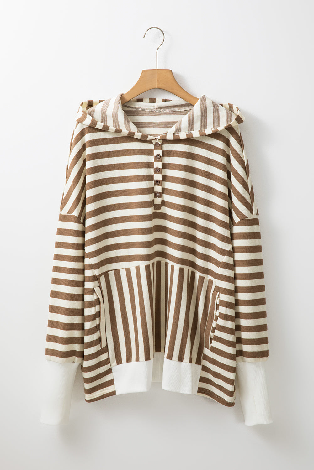 Brown Stripe Quarter Buttons Drop Sleeve Plus Size Hoodie - Threaded Pear