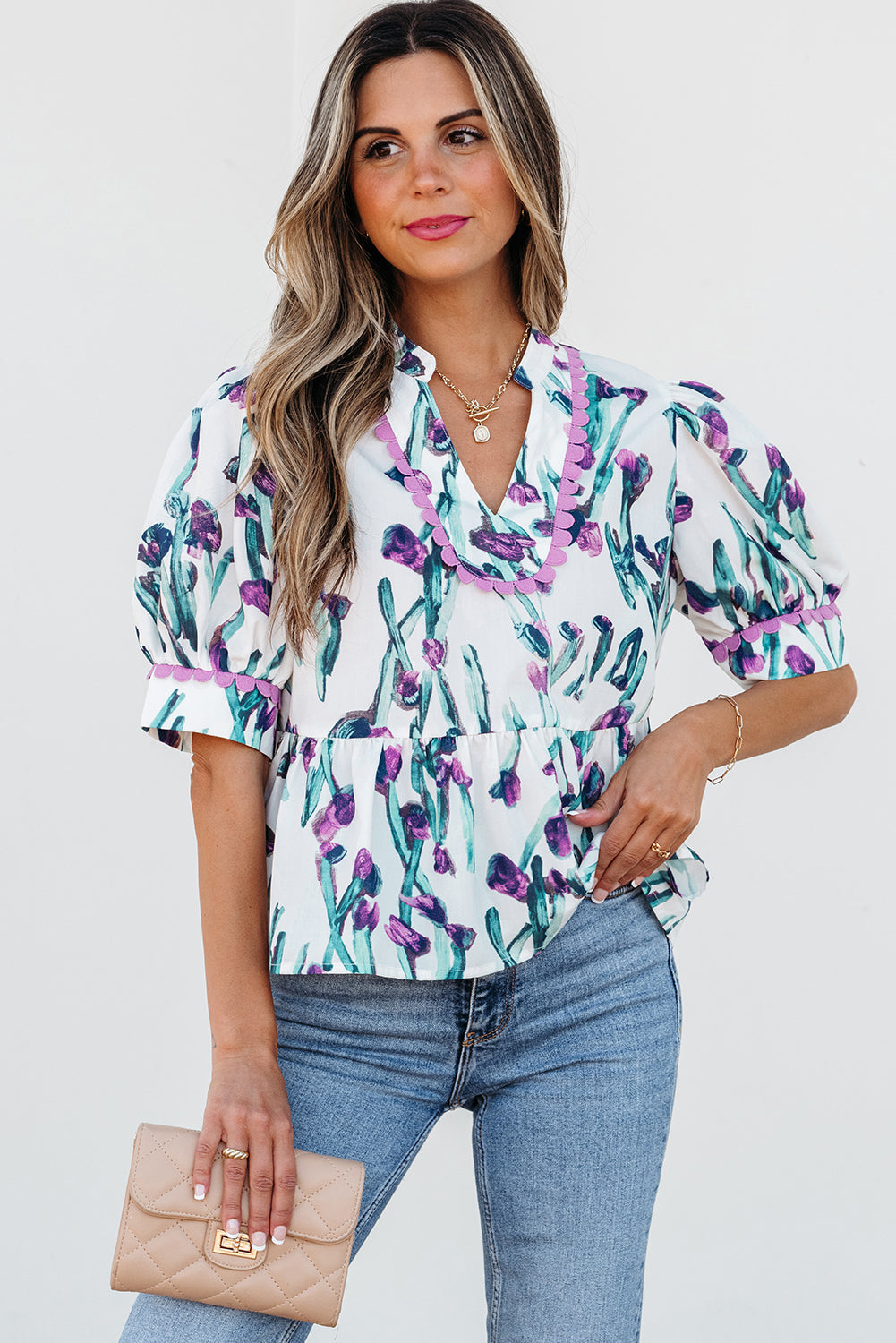 Raelyn Floral Ricrac Trim Top - Threaded Pear