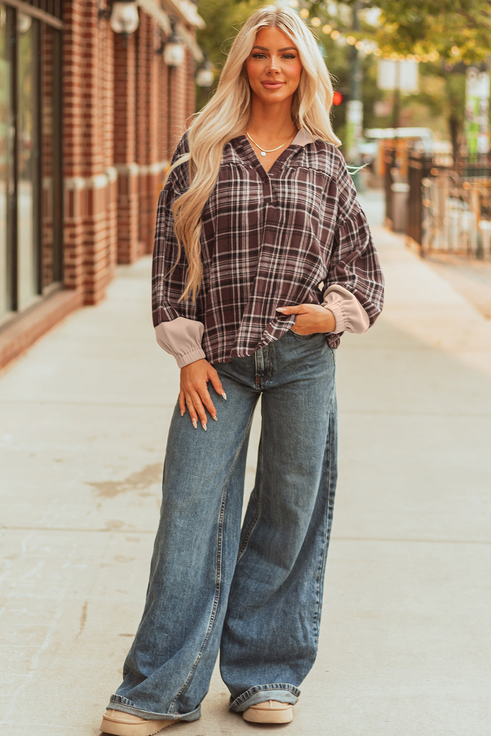 Lauren Plaid Patchwork Long Sleeve Hooded Top - Threaded Pear