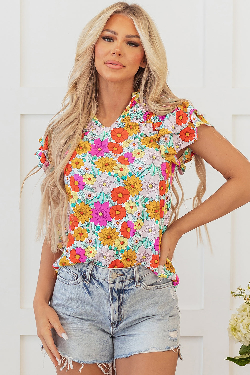 Leslie Floral Shirred Tiered Ruffled Sleeve Blouse - Threaded Pear