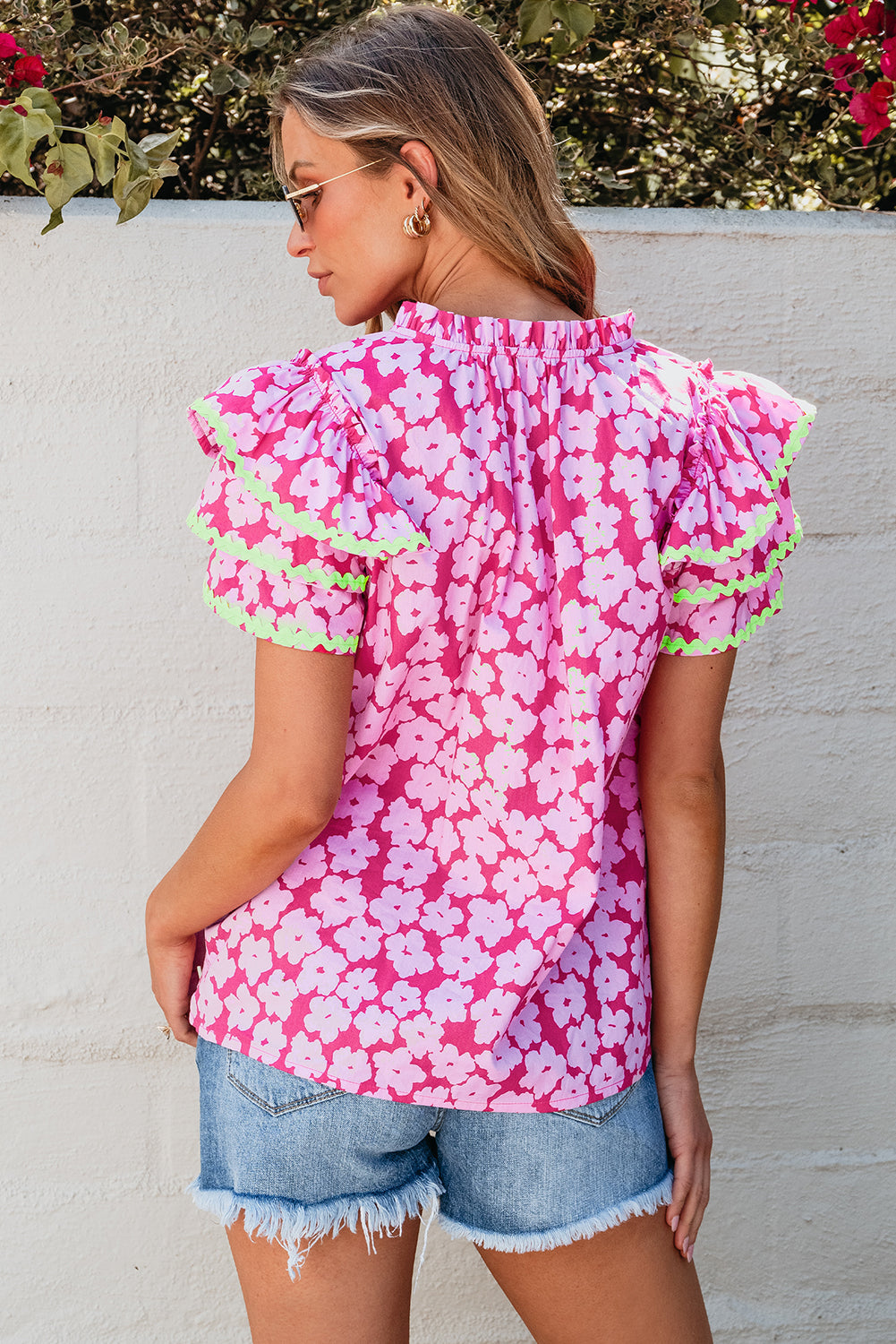 Capri Floral Ric Rac Ruffle Sleeve Blouse - Threaded Pear