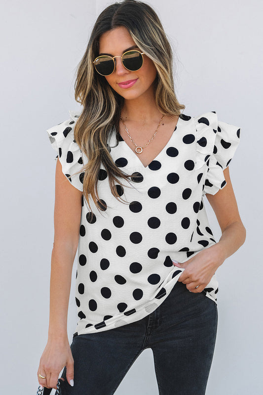 Halo Polka Dot Ruffled Sleeve V Neck Blouse - Threaded Pear