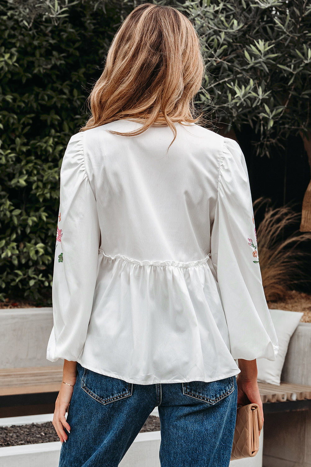 Skylar Flower Lace-up Babydoll Blouse - Threaded Pear