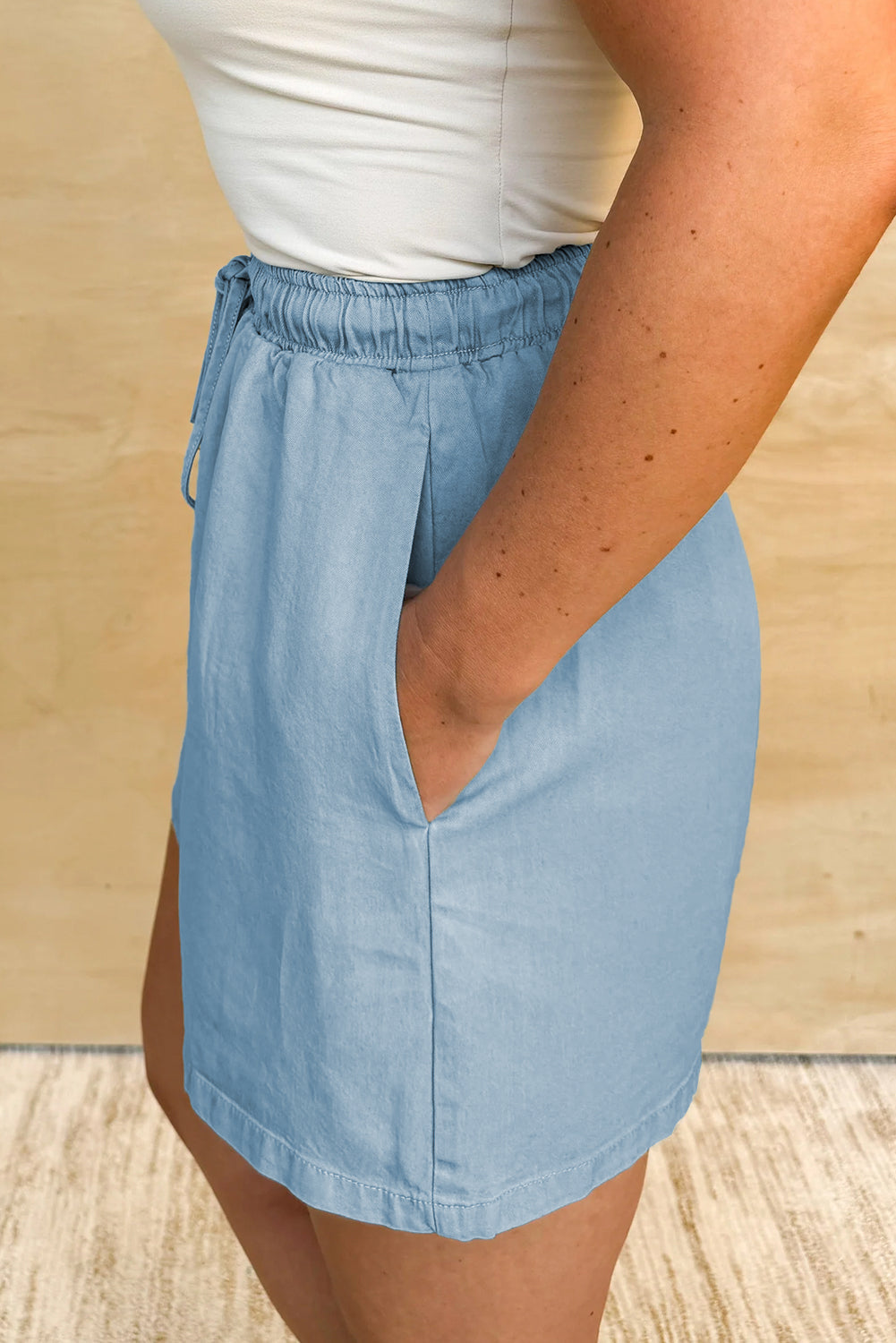 Beau Blue Washed Chambray Drawstring Elastic Waist Plus Size Shorts - Threaded Pear