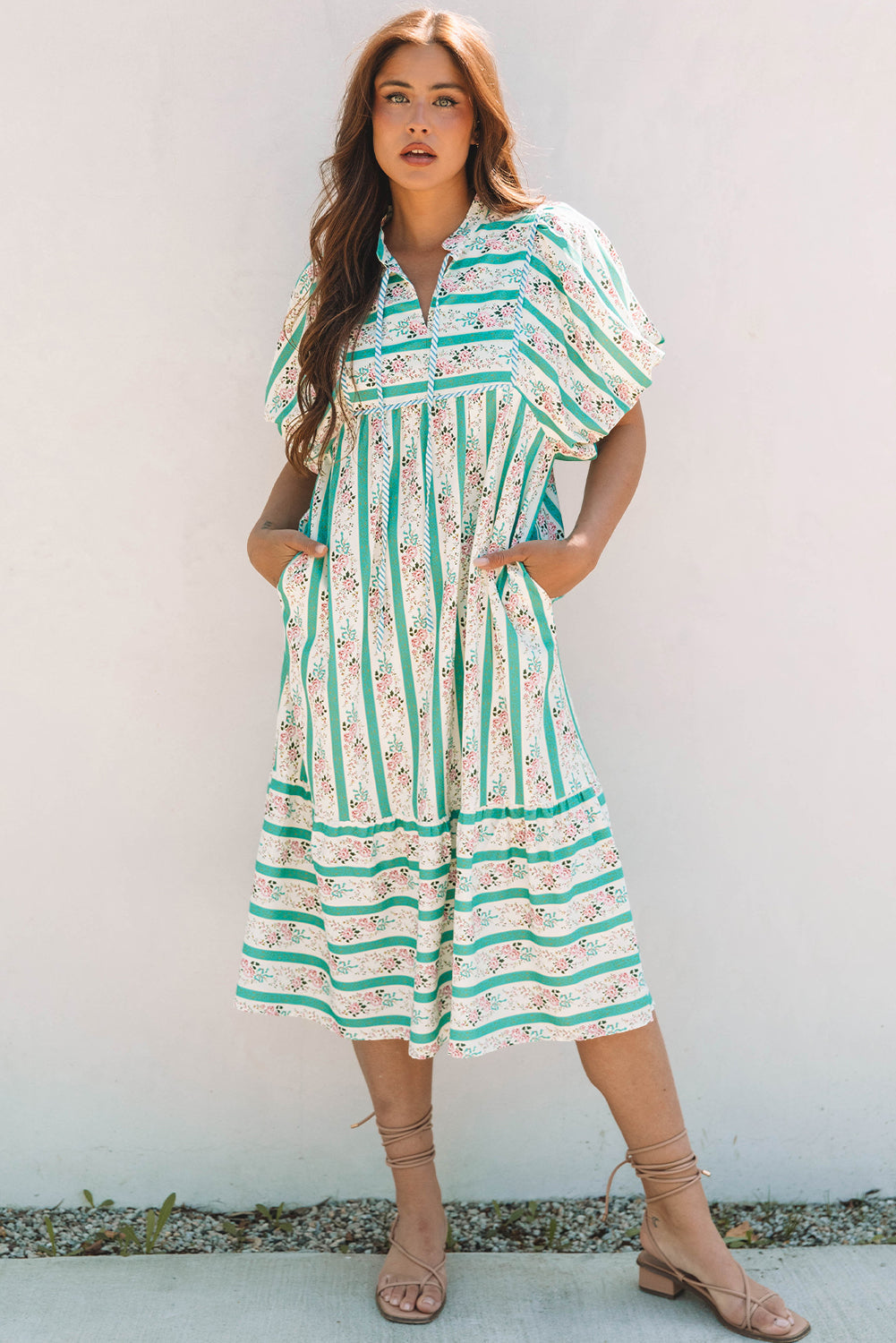Billie Striped Floral Tie Split Neck Puff Sleeve Midi Dress - Threaded Pear