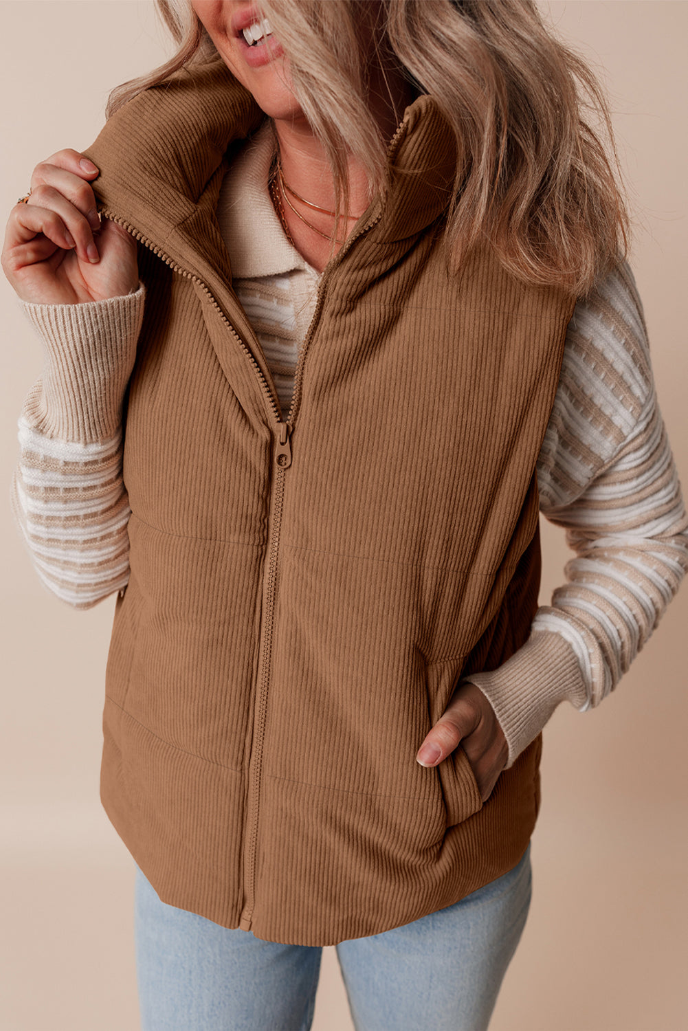 Natalia Corduroy Zipped Puffer Vest - Threaded Pear