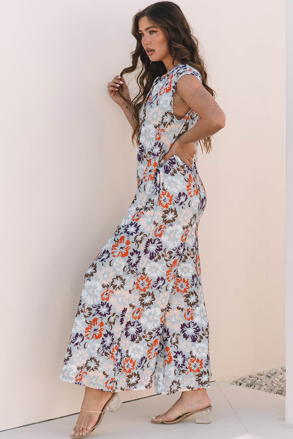 Kylee Floral Sleeveless Buttoned Wide Leg Jumpsuit - Threaded Pear