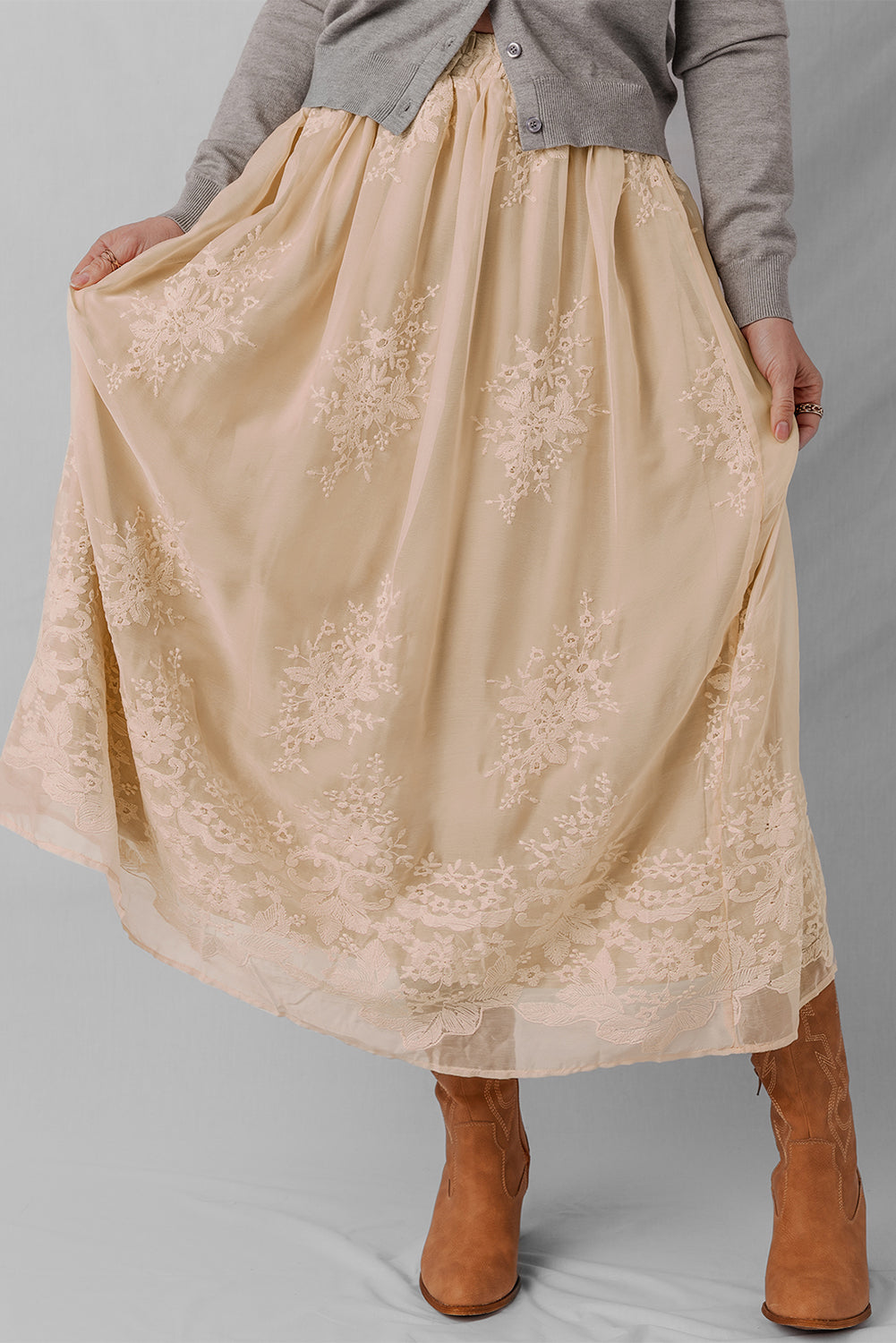 Vivienne Embroidered Mesh Overlay Long Skirt - Threaded Pear