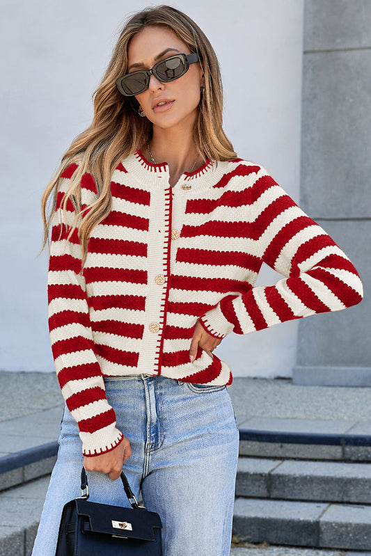 Rylee Stripe Button Cardigan Sweater - Threaded Pear