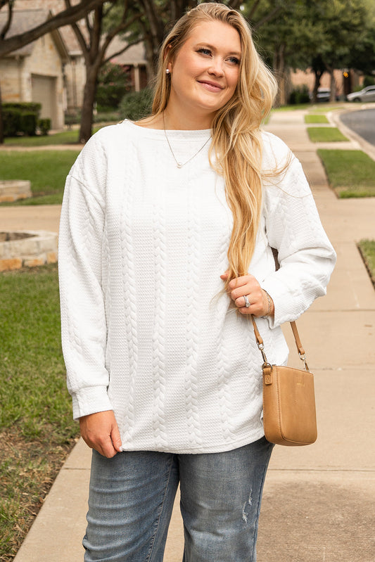 White Cable Textured Loose Plus Size Sweatshirt - Threaded Pear