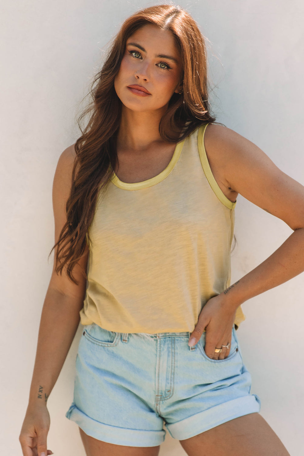 Skyla Metallic Sheen Tank Top - Threaded Pear