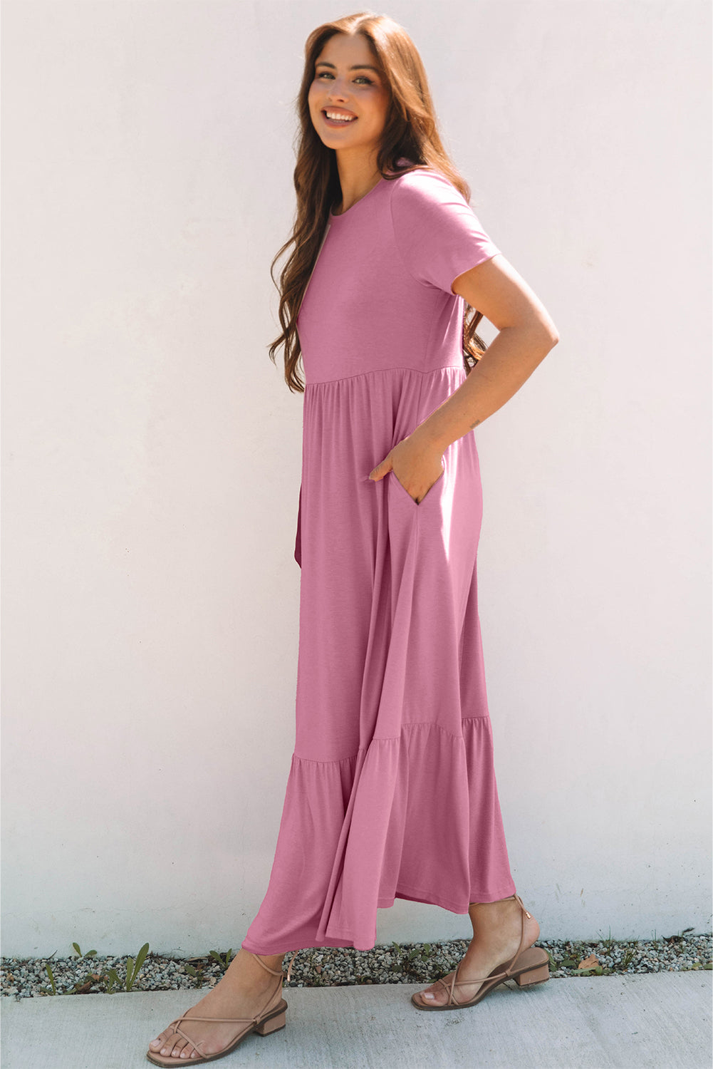 Nala T-shirt High Waist Pocketed Long Dress - Threaded Pear