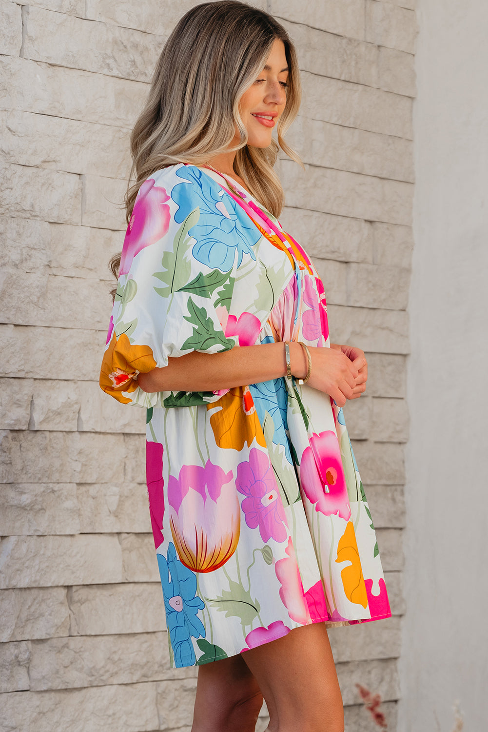 Iyla Floral Split Neck Babydoll Dress - Threaded Pear