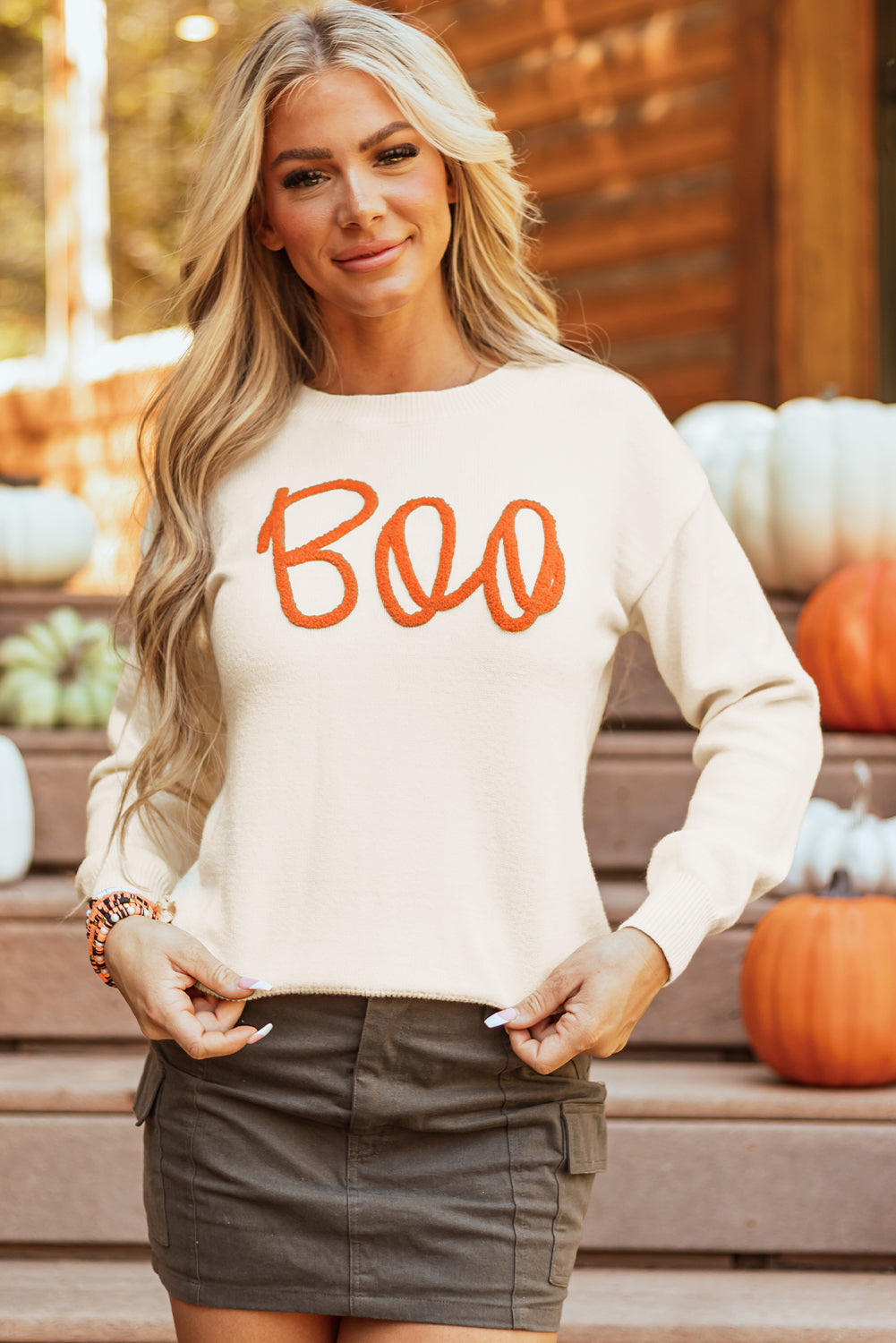 Boo Knitted Pattern Ribbed Edge Sweater - Threaded Pear