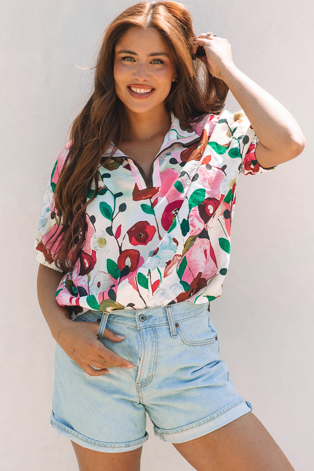 Adele Floral Slit V Neck Blouse - Threaded Pear