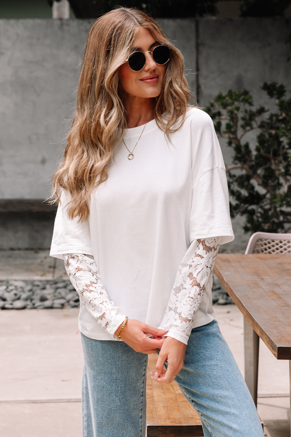Hallie Lace Long Sleeve Insert Drop Shoulder Top - Threaded Pear