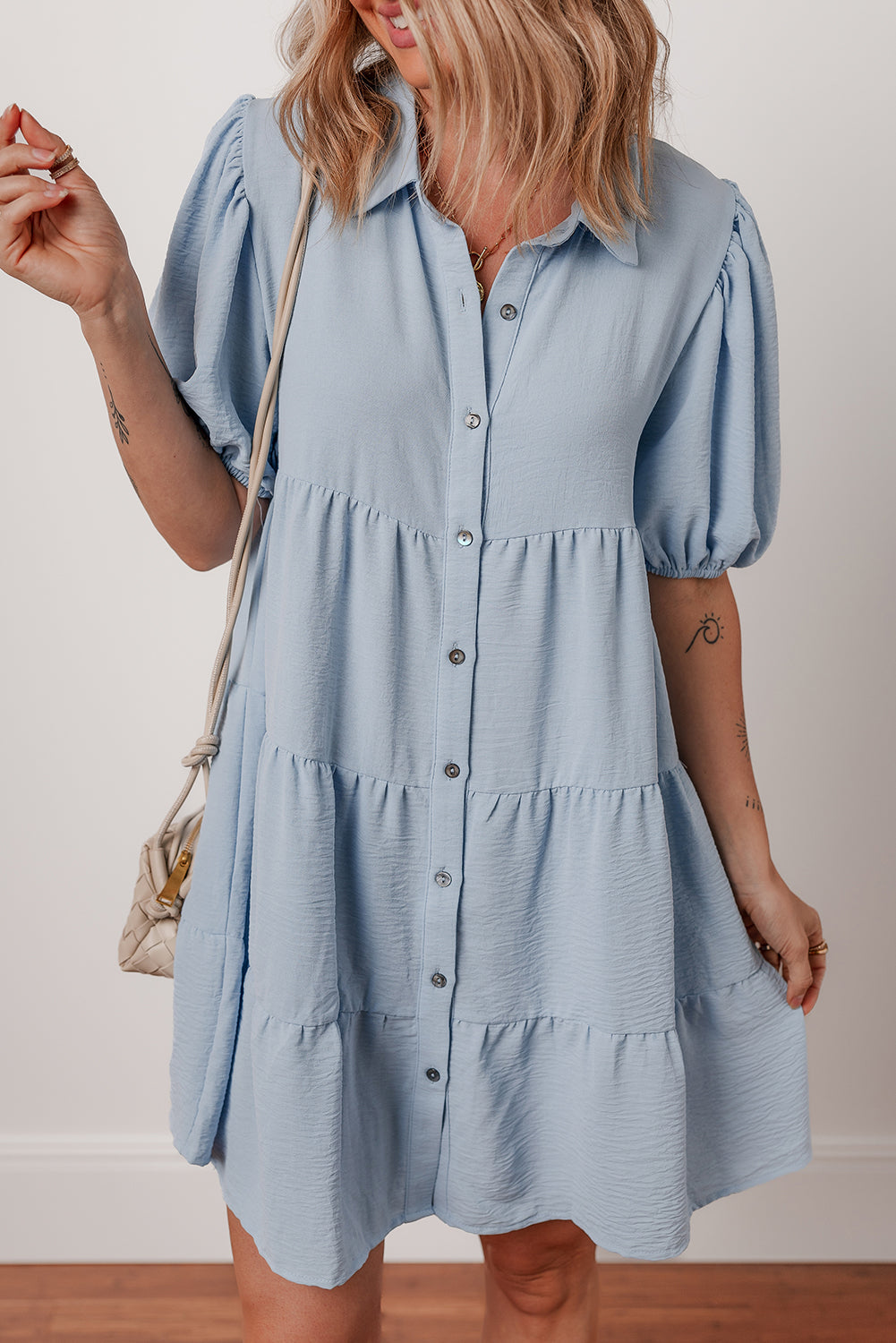 Arya Shirt Collar Button Up Puff Sleeve Tiered Dress - Threaded Pear