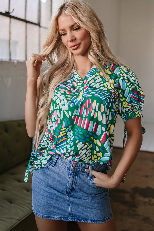 Ellianna Geometric Puff Sleeve Blouse - Threaded Pear