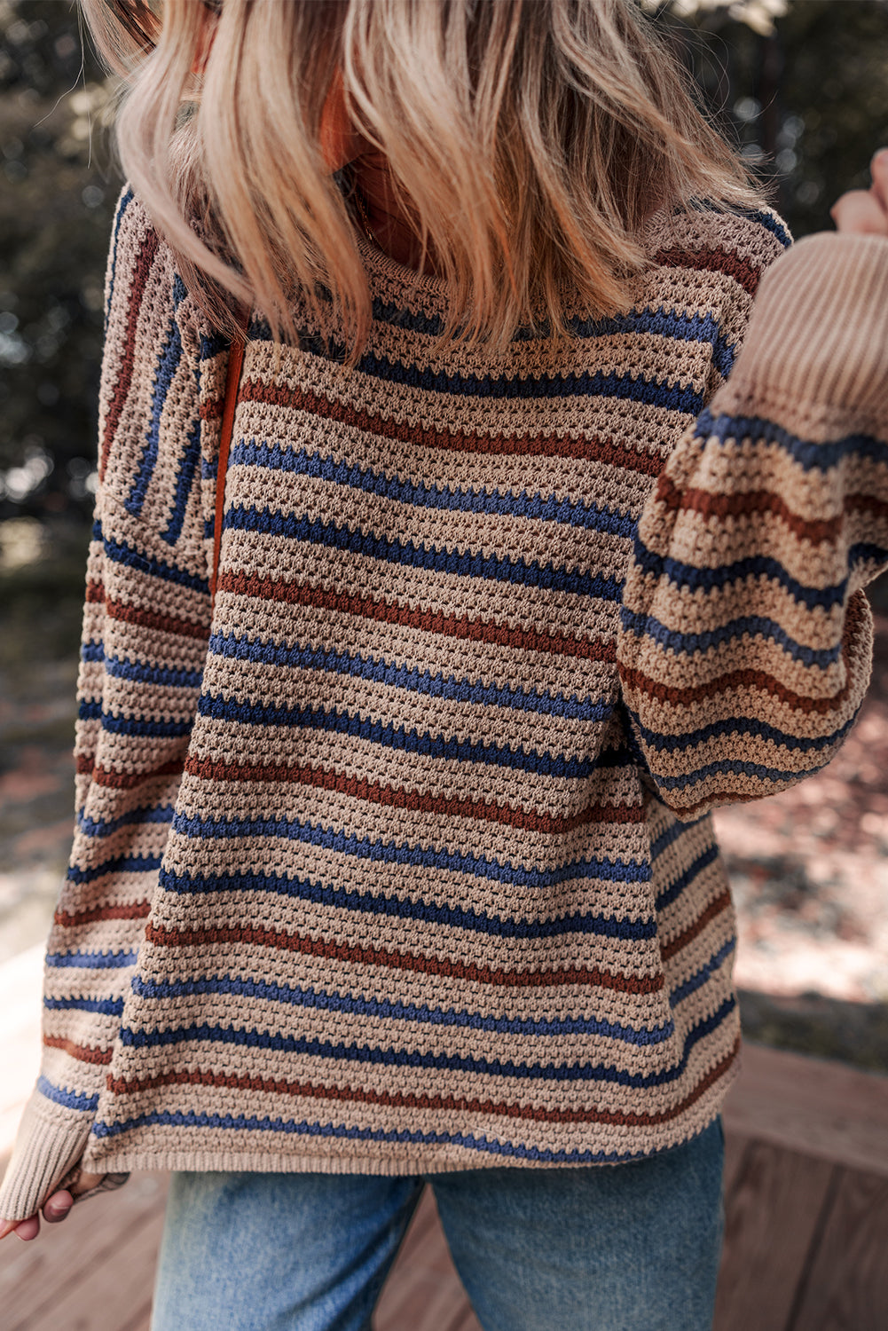 Emery Striped Knitted Drop Shoulder Round Neck Sweater - Threaded Pear