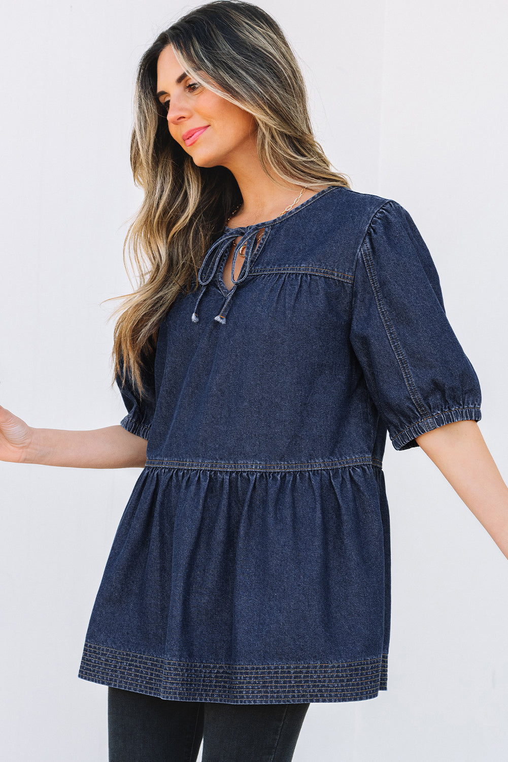 Gracelyn Puff Sleeve Lace-up Neckline Denim Blouse - Threaded Pear